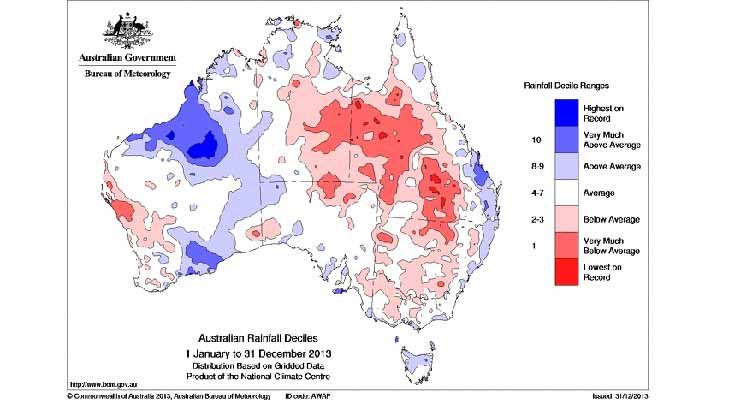 Wet in the north west in 2013, mostly dry or average rain elsewhere. — Souce: Bureau of Meteorology.