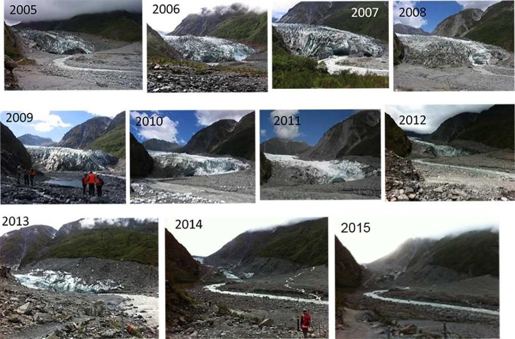 Changes to the geography of the Fox Glacier are clearly visible. — Images courtesy of Dr Ian Fuller.