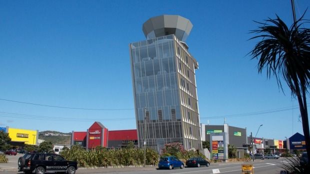THE LEANING TOWER OF RONGOTAI: An architects view of how Wellington Airports new 32-metre-high control tower would stand among its neighbours in Tirangi Road, Rongotai. It would be designed to lean into the prevailing northerly at an angle of 12.5 degrees.  Artwork: STUDIO PACIFIC ARCHITECTURE.