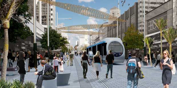 An artist's impression of Queen Street as a pedestrian and light rail-only space.