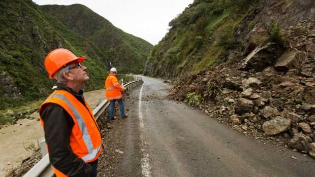 Thursday’s slip, about 2km into the Gorge from the Ashhurst end, will not be cleared until loose material on the cliff is removed. — David Unwin/Fairfax NZ.