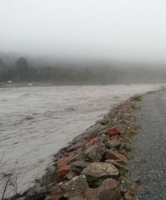 The Waiho River, near Franz Josef, in flood in May. Flood-prone businesses were relocated from its banks in 2003 and compensated. — Photo: NZTA.