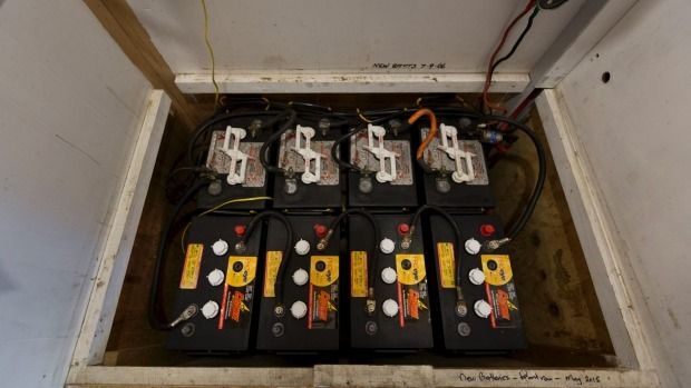 Battery packs charged by solar panels at the Anderson's place. — Alden Williams/Fairfax NZ.