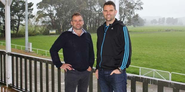 Nick Rogers, commercial manager for DB, left, and Avan Lee, Hurricanes CEO, at the Eketahuna rugby grounds.