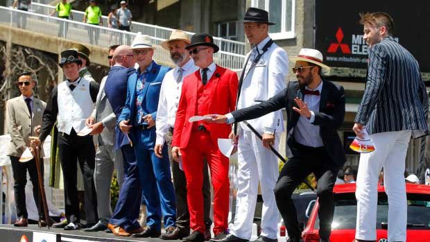 Fashion in the field Man of the Carnival Regional Winner, Volker Grunert, in All White with black hat third from right.  Photograph: Monique Ford/Fairfax NZ.