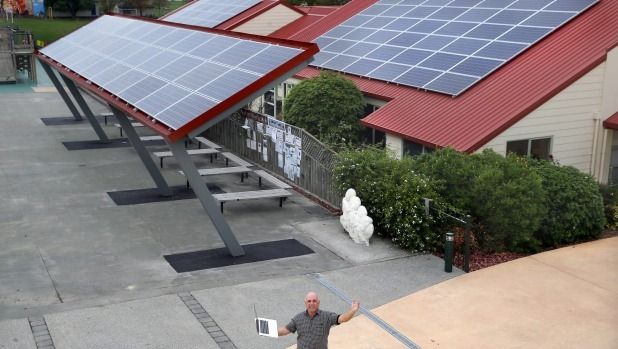 A total of 112 solar panels installed on three classrooms and the roof of a distinctive new shaded seating area could generate up to 29,000 watts of electricity on a full sun day.  Photograph: John Bisset/Fairfax NZ.
