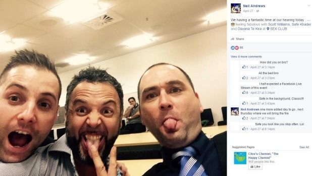 Ruby Rabbit bar owner Neil Andrews (centre) posted this picture on Facebook during a liquor licence hearing on Thursday. He was reprimanded by the hearing panel after police saw the photo online.