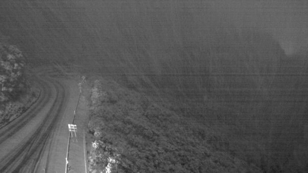Snow falls on the Rimutaka Hill Road at about 7pm on Sunday night. The first snow on the hill in 2016. — Photograph: Metservice Webcam.