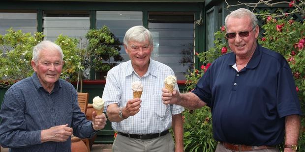 Still going strong: Paul Jones (left) David Keys and Lloyd Singleton have been regulars at Rush Munro's ice-cream garden for 70 years.