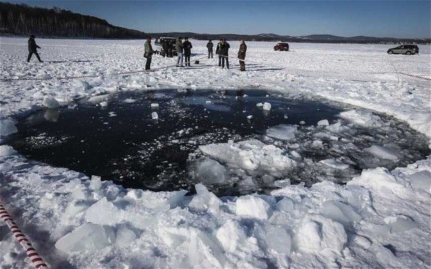 A meteor left a large hole in an ice-covered lake near Chelyabinsk, Russia in 2013.
