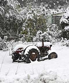 WHITE TRACT: A tractor covered by snow that fell on the road between Nightcaps and Ohai yesterday.  BARRY HARCOURT/The Southland Times.