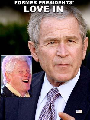 BROTHERLY LOVE? Former President George W Bush and, inset, former President Bill Clinton.