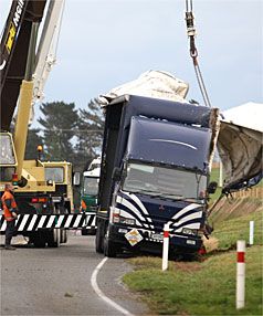 GOING OFF-ROAD: High winds in the Manawatu forced at least three trucks off roads and caused trees to topple on Monday.  MURRAY WILSON/Manawatu Standard.