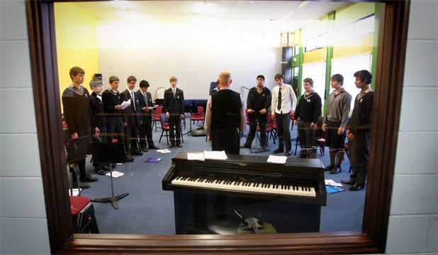 PICTURE PERFECT: Palmerston North Boys' High School's OK Chorale get in some after-school practice ahead of the nationwide Big Sing choral competition in Dunedin in August. Choir director Graeme Young conducts. — MURRAY WILSON/Manawatu Standard.