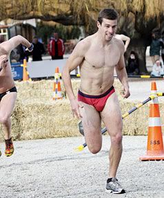 NAKED AMBITION: Tim Jones, of Christchurch, on his way to taking out the Undie 500 race at the Queenstown Winter Festival yesterday. — BARRY HARCOURT/The Southland Times.