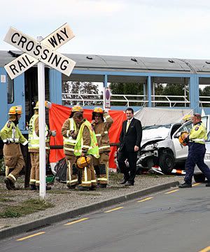 FATAL: Rescue workers at the scene of a crash between a car and a passenger train in Blenheim. The male driver of the car died. BLAIR ENSOR/The Marlborough Express.