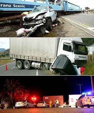MARLBOROUGH CARNAGE: Three people were killed in three separate accidents in Marlborough over 13 hours. Top: The scene where a man was killed when his car was hit by a train. Middle: the scene of a fatal road crash. Bottom: The scene were a man was run over by a train. The Marlborough Express.
