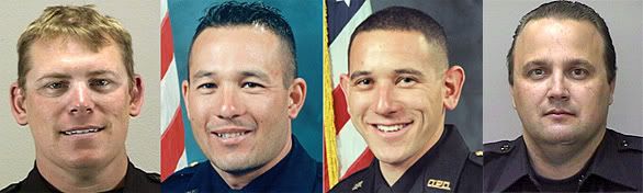 The Oakland police officers who died in the shootings were, from left: Sgt. Mark Dunakin, 40; Sgt. Ervin Romans, 43; and Sgt. Daniel Sakai, 35. Officer John Hege, 41, right, was declared brain-dead Sunday at Highland Hospital.<br />(Oakland Police Department)