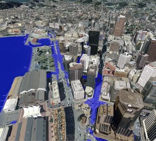 SEA RISE SCENARIO: The computer graphic shows that low-lying parts of central Wellington are at risk of flooding if the sea level rises one metre.
