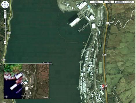 The top-secret British nuclear defence base in Faslane as it appears on Google Earth and, inset, what it looked like previously when it was blurred by Google.