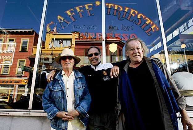 On the eve of the 40th anniversary of Woodstock, participants (from left) Country Joe McDonald, Michael Carabello and Paul Kantner reminisce about what happened; and what they can remember; as they gather at Caffe Trieste in San Francisco. — Photo: Lance Iversen/The San Francisco Chronicle.