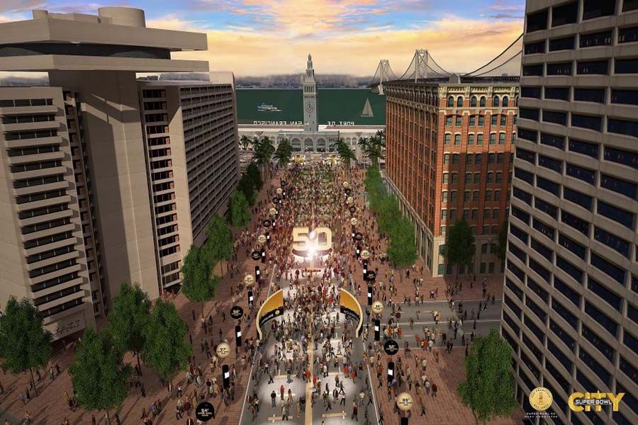 Super Bowl City sure looks snazzy and well-attended in this artists' rendering. The reality was far uglier, tackier, and, let's just say it, embarrassing.