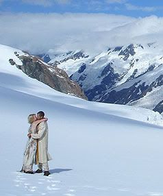 WEDDING CHILLS: Australia's Melinda Gaughwin, left, and Gary Cook, right, braved near-zero temperatures to tie the knot on the Tasman Glacier on Thursday, courtesy of celebrant Denis Calleson.