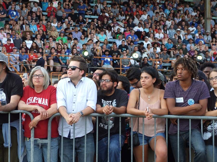 A crowd of supporters listen to Bernie Sanders speak at a rally in Bakersfield. — Photograph: David Horsey.