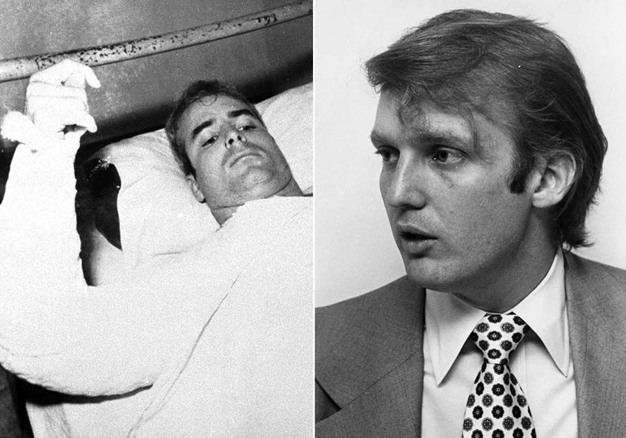 LEFT: John S. McCain, USN, is shown in this undated photo lying injured in North Vietnam wearing an arm cast. He was held prisoner during the Vietnam War.  Photo: Associated Press. | RIGHT: Donald Trump in 1976.  Photo: Tom Allen/Associated Press.