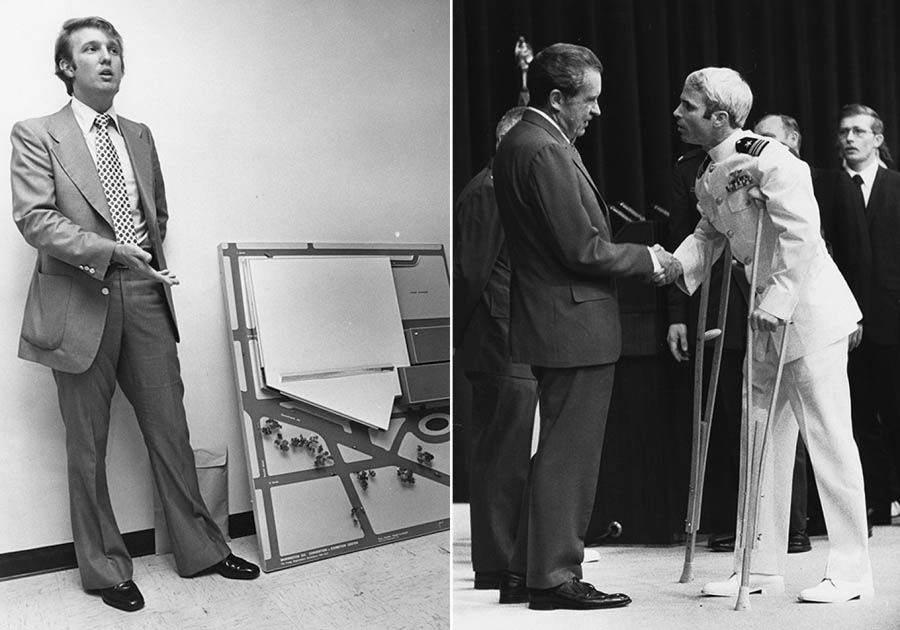 LEFT: Donald Trump stands next to a model of the D.C. convention center he hoped to develop in 1976.  Photo: Tom Allen/The Washington Post. | RIGHT: John McCain is welcomed be President Richard Nixon in 1973.  Photo: U.S. Navy.