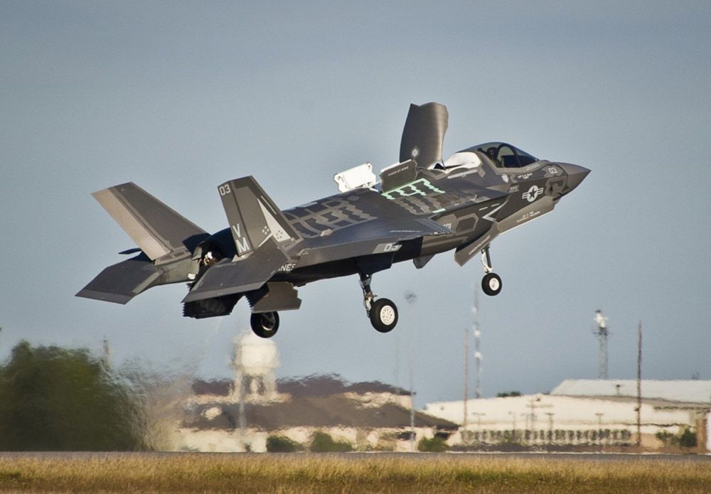 A Marine F-35B Joint Strike Fighter lifts off during the first short takeoff and vertical landing mission at Eglin Air Force Base, Florida, in 2013.  Photo: Samuel King Jr./U.S. Air Force.