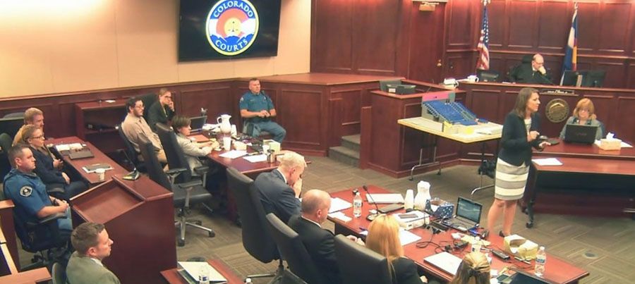 In this image taken from video, defense attorney Tamara Brady, right, gestures during closing arguments in the sentencing phase of the James Holmes trial, in Centennial, Colorado, on Thursday, August 6th, 2015. Holmes sits second from left in a light shirt. — Picture: Colorado Judicial Department/Associated Press.