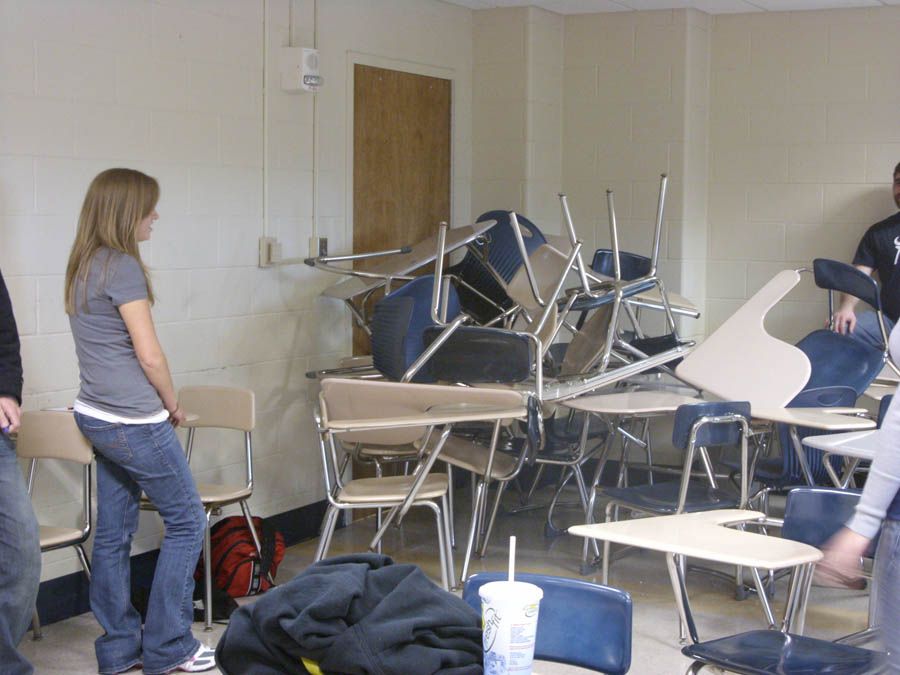 University of Toledo students quickly build a barricade during an active shooter training session.  Photograph: University of Toledo Police Department.