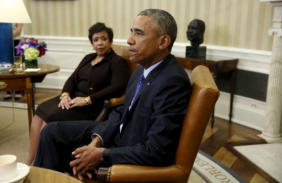 Attorney General Loretta E. Lynch and President Obama on Monday during a meeting with top law enforcement officials to discuss what executive actions he can take to curb gun violence. — Photograph: Kevin Lamarque/Reuters.