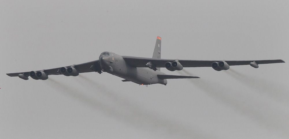 A U.S. Air Force B-52 bomber flies over Osan Air Base in Pyeongtaek, South Korea on Sunday, January 10th, 2016.  Photograph: Ahn Young-joon/Associated Press.
