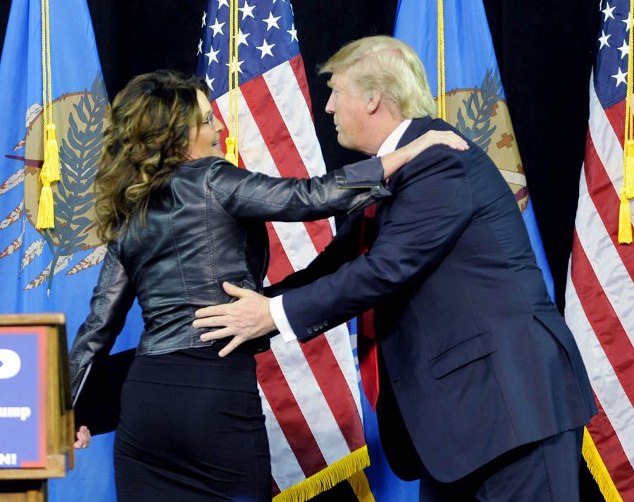 Sarah Palin hugs GOP presidential candidate Donald Trump at a rally in Tulsa, Oklahoma, on Wednesday.  Photograph: Brandi Simons/Associated Press.