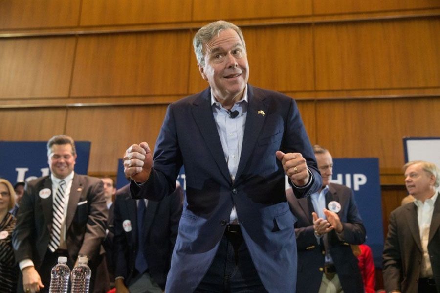 Jeb Bush jokingly gestures to applause as he is introduced to speak at a town hall on Thursday at Columbia Metropolitan Convention Center in Columbia, South Carolina. — Photograph: Andrew Harnik/Associated Press.