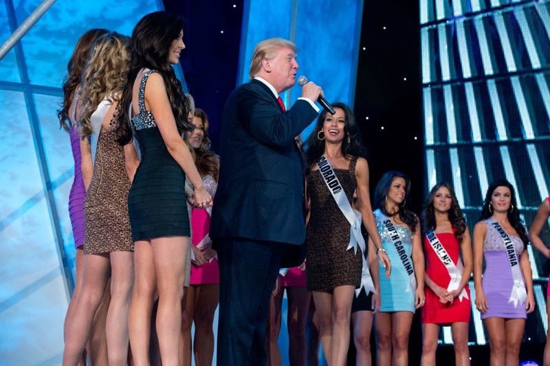 Donald Trump talks with Miss Colorado USA 2012, Marybel Gonzalez, on the last day of rehearsal for the Miss USA 2012 competition, on June 2nd, 2012, in Las Vegas. — Photograph: Miss Universe Organization/Greg Harbaugh/Agence France-Presse/Getty Images.